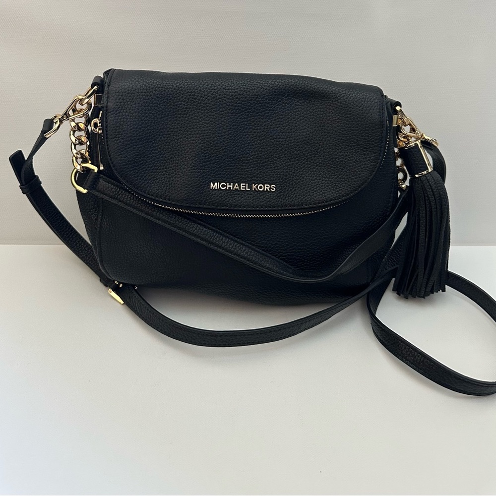 Michael Kors Black Pebbled Leather Crossbody with Tassel and Chain Detail